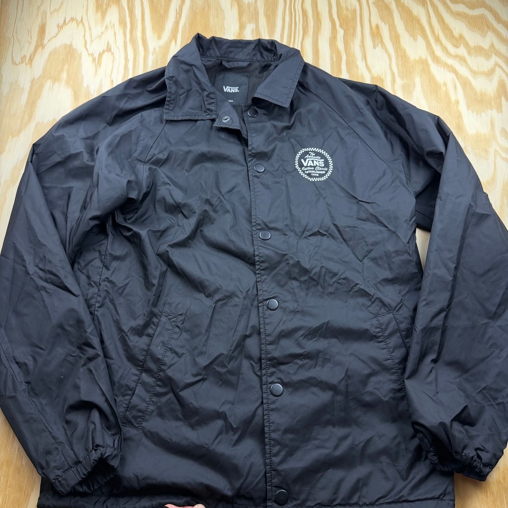 Vans Torrey Coaches Jacket Mens Small Black Snap Front Graphic Windbreaker